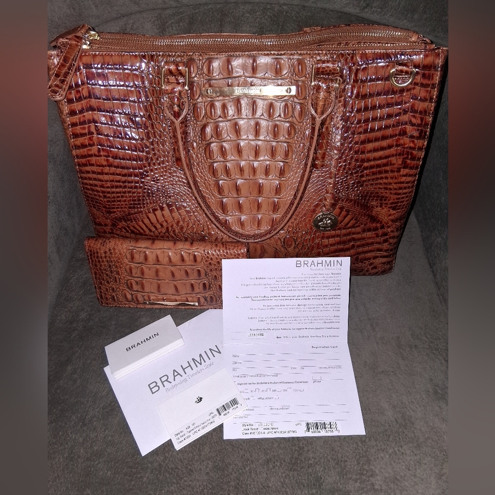 Brahmin Croc-Embossed Leather Tote in Chestnut Brown With Wallet